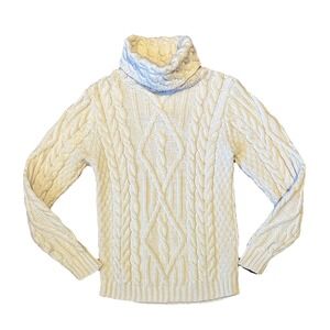 Inis Crafts Cable Knit Turtleneck Sweater Sz S 100% Wool Ireland Cream Fisherman